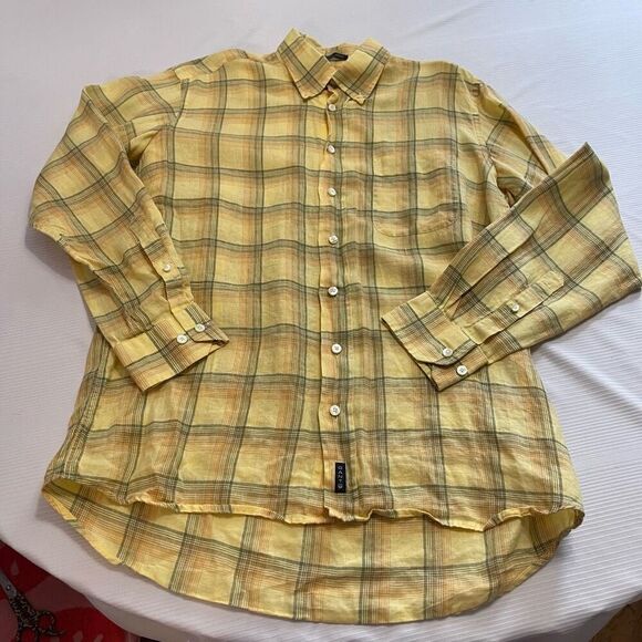 GANT Long Island Linen Yellow Plaid Dress Fit Button Up Shirt Size Large - Picture 1 of 8